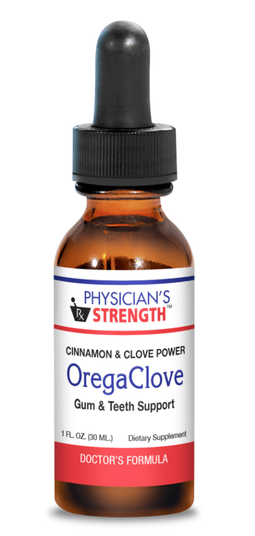 Bottle of Physician's Strength OregaClove supplement with dropper on a white background
