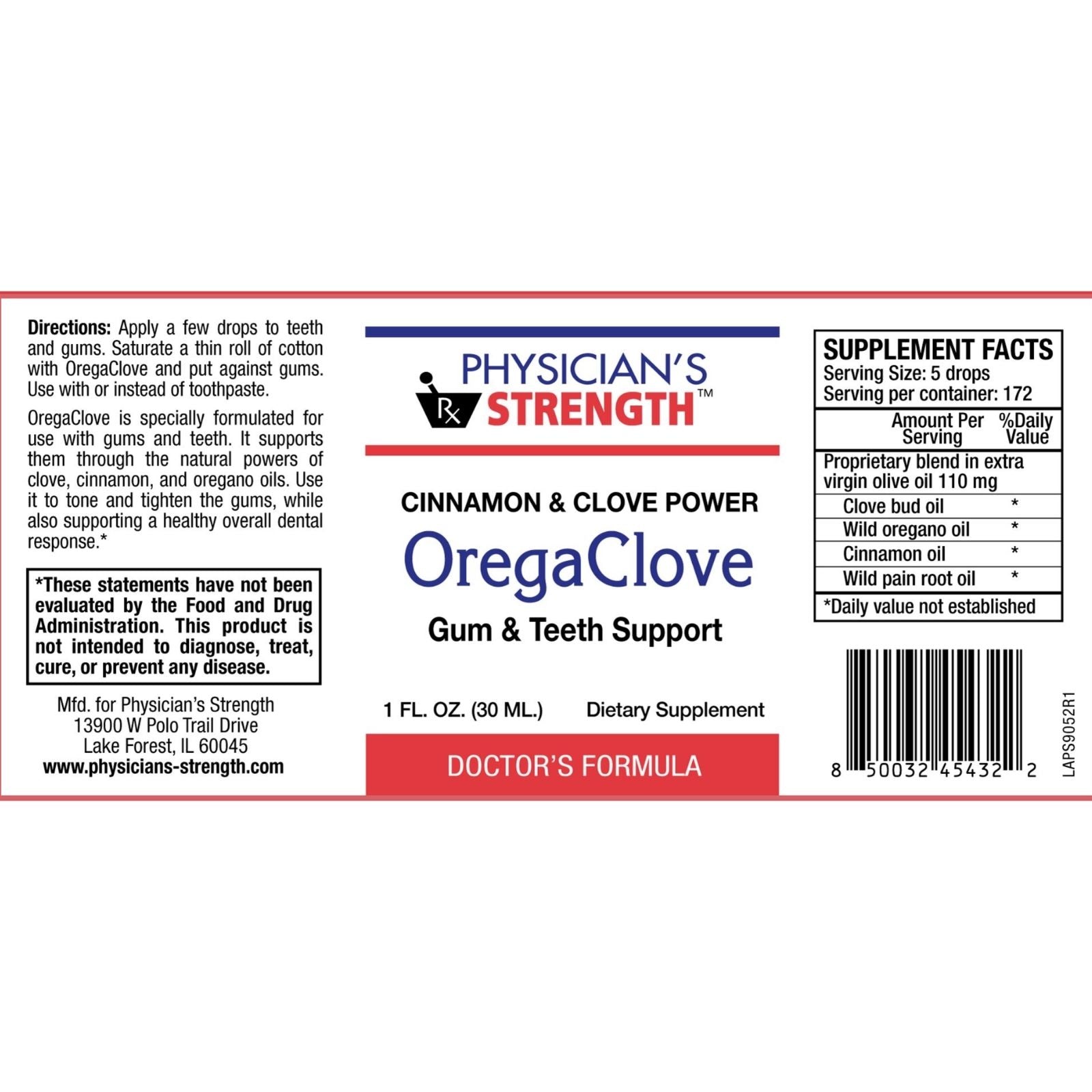 Label of OmegaClove Cinnamon & Clove Power supplement for gum and teeth support