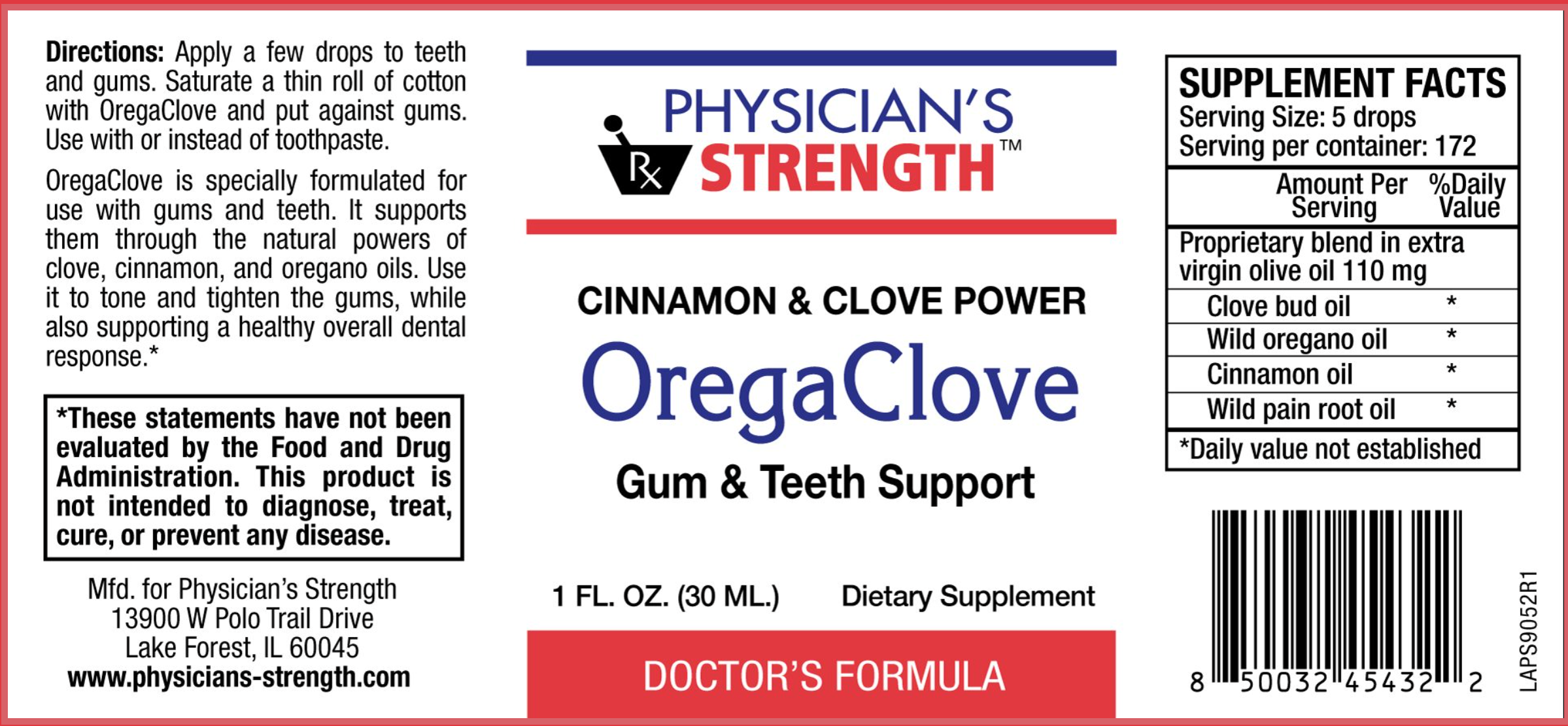 Label of OmegaClove Cinnamon & Clove Power supplement for gum and teeth support