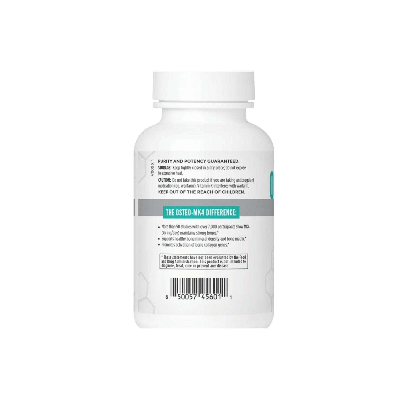 Back label of a Osteo-MK4 supplement bottle with text and a barcode on a white background