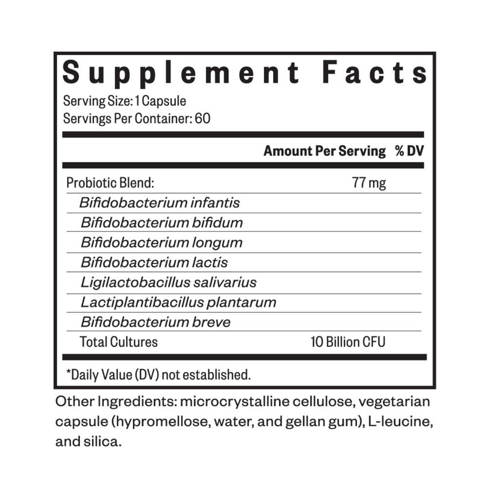 Supplement facts label with probiotic blend information on a white background