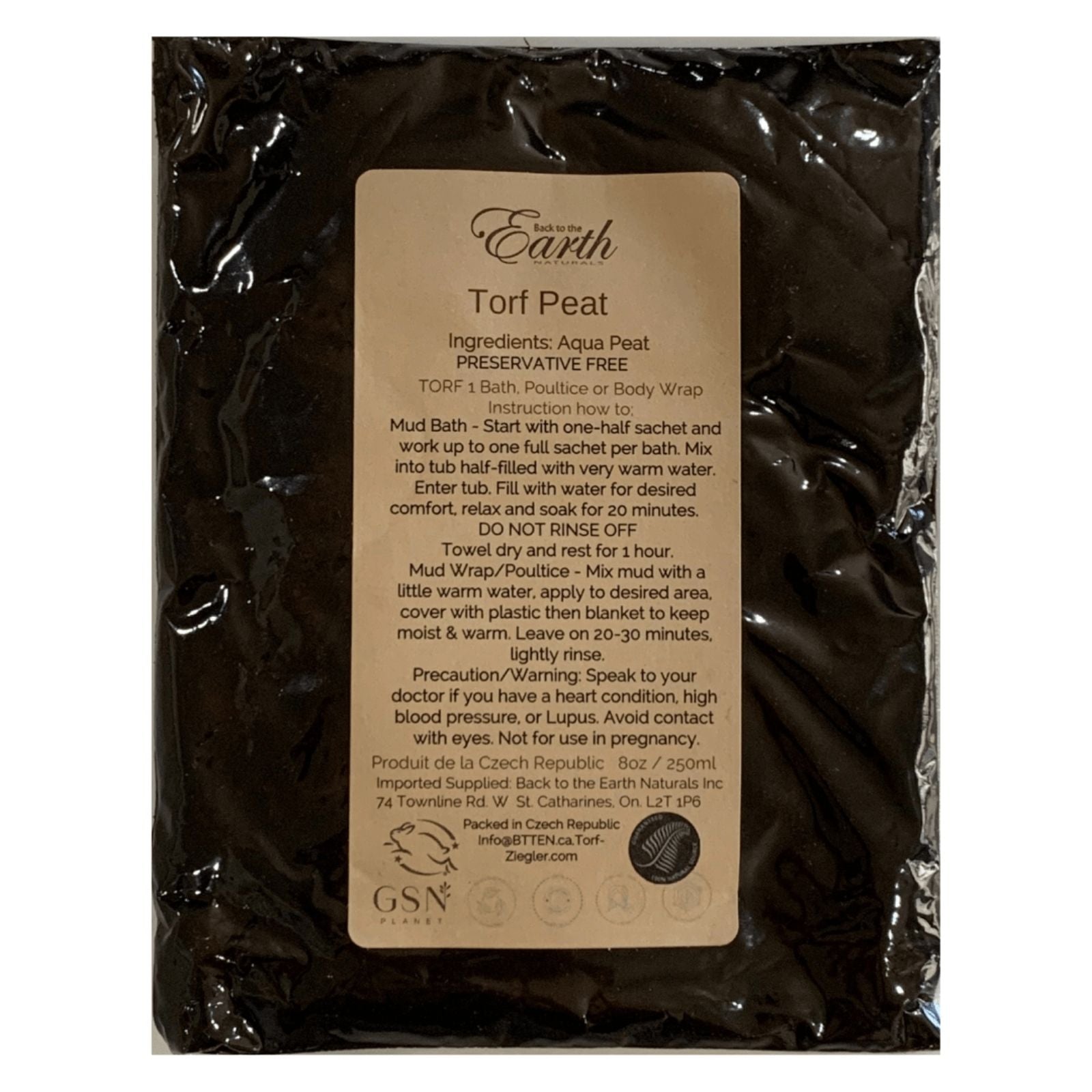 Torf Peat package with instructions and branding on a white background