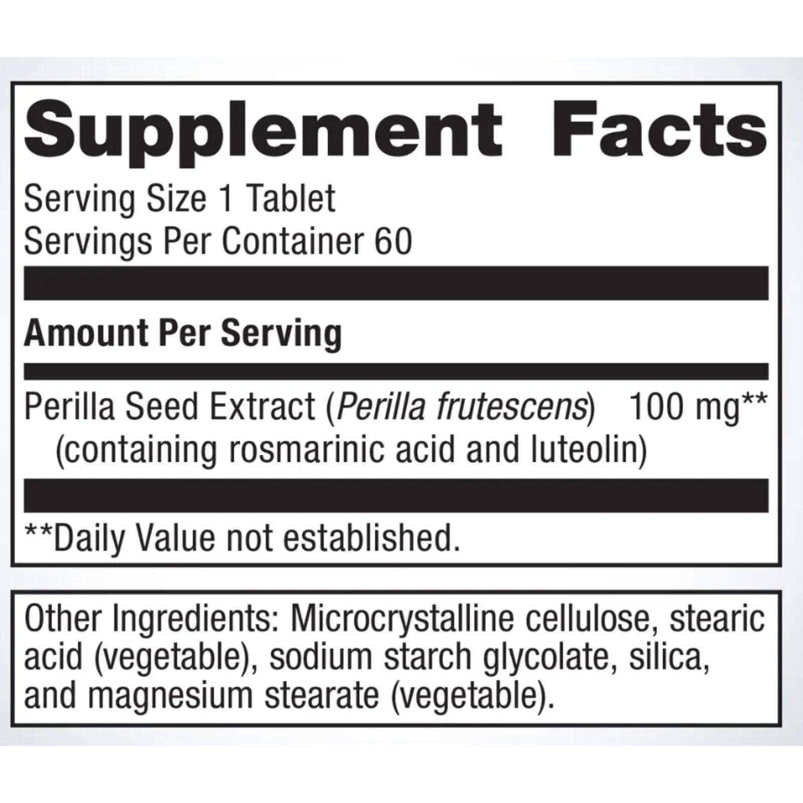 Supplement facts label for Perilla Seed Extract on a blue background