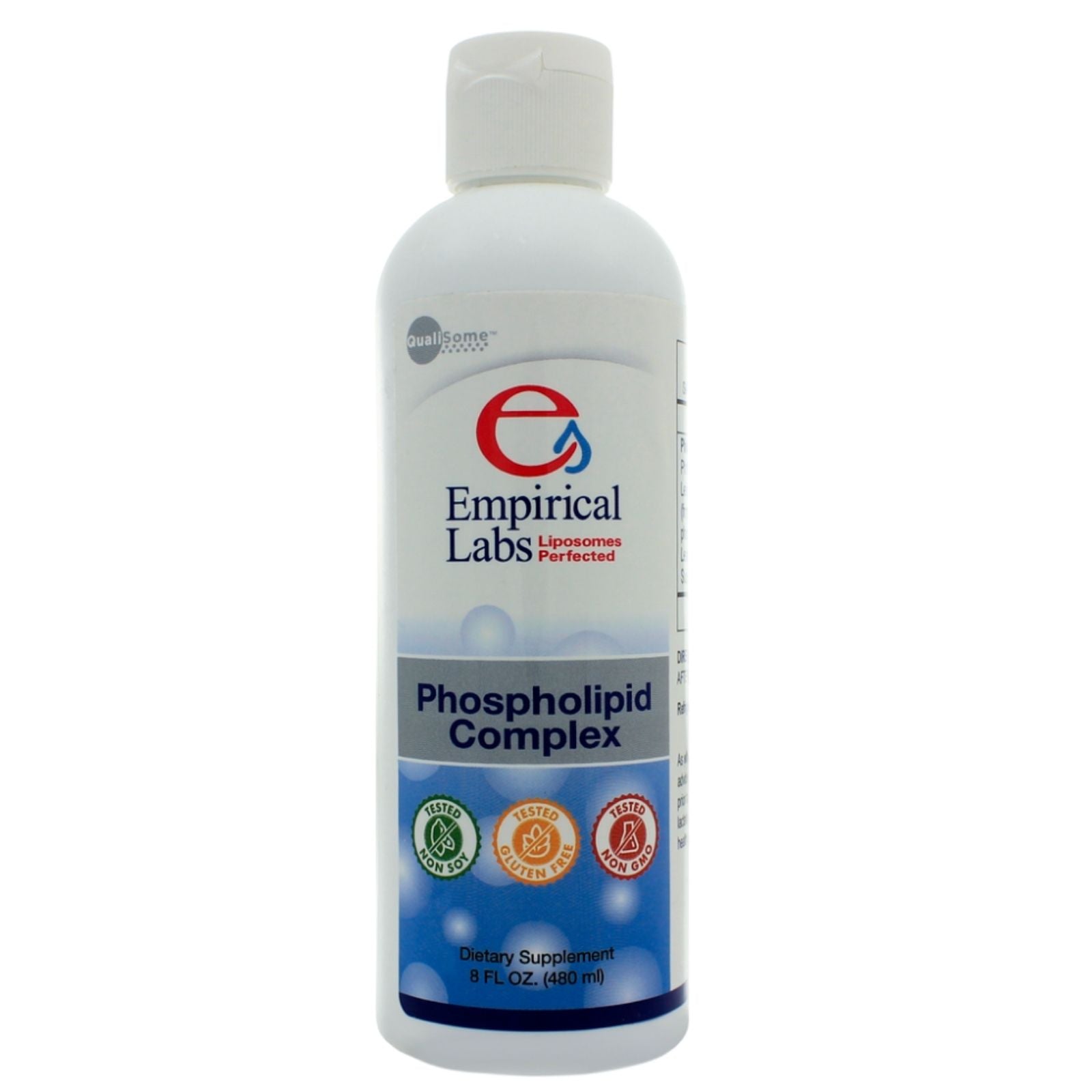 Bottle of Empirical Labs Phospholipid Complex dietary supplement, non-GMO, soy-free, with label detailing product benefits.