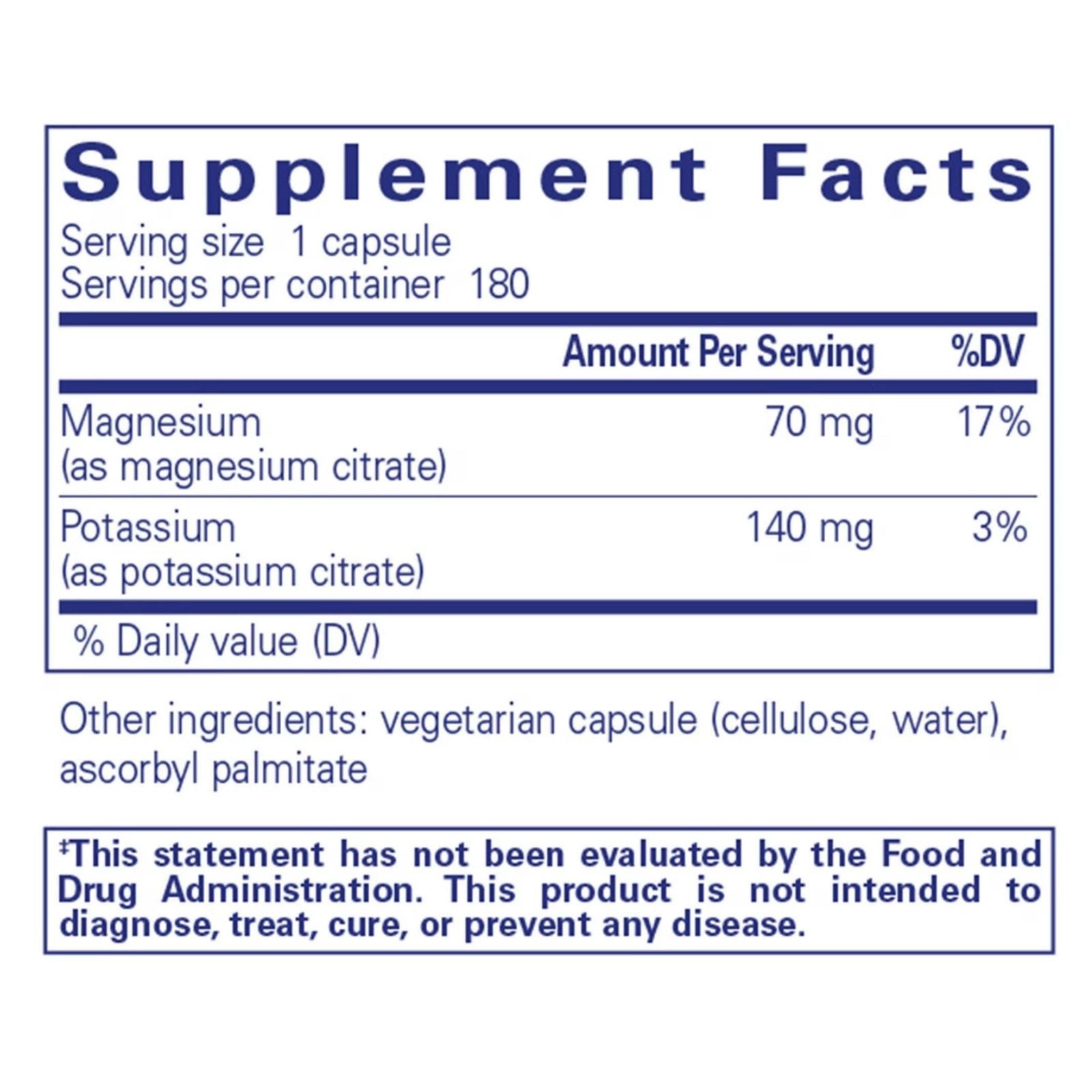 Supplement facts label with magnesium and potassium content on a white background