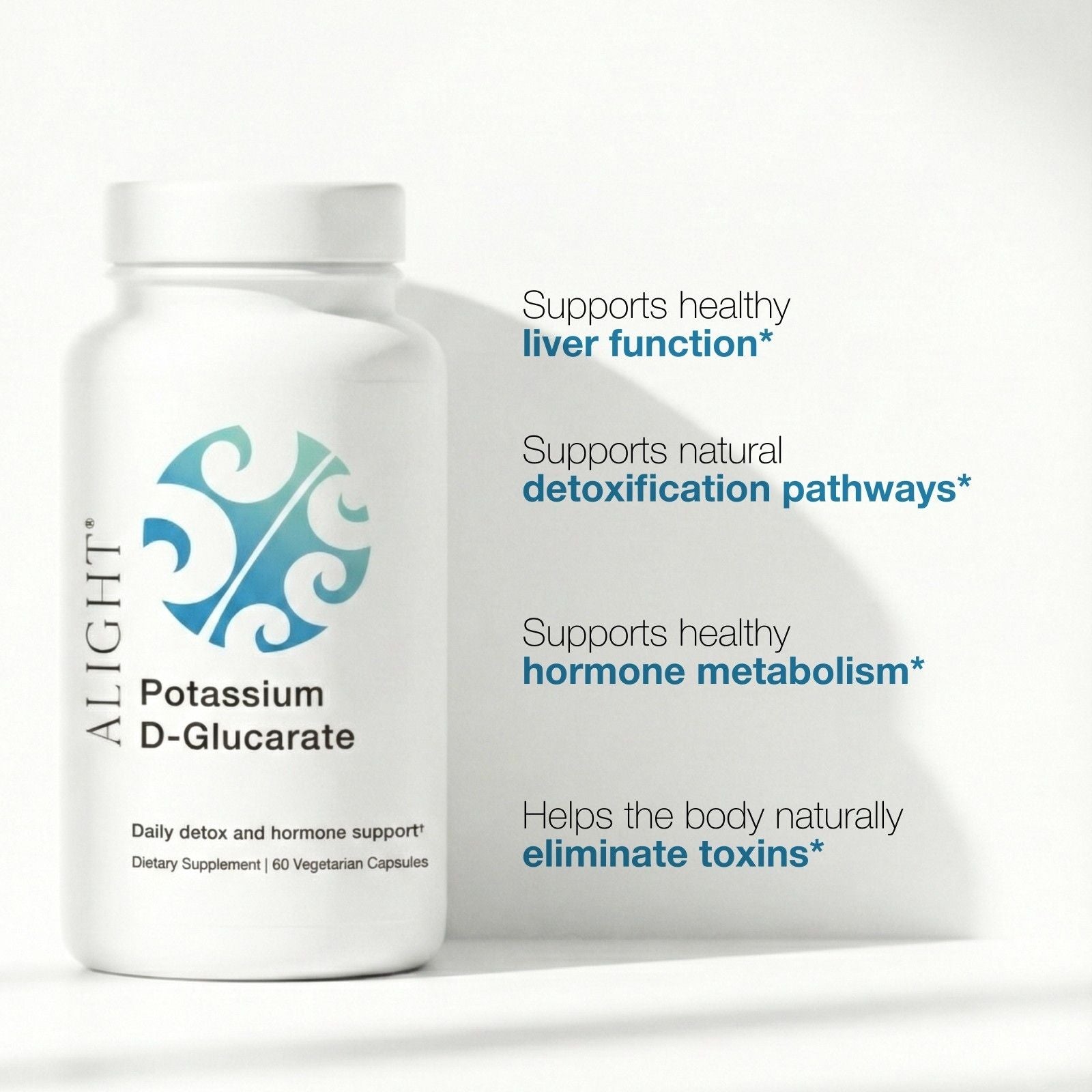 Potassium D-Glucarate by Alight supplement bottle with text about health benefits 