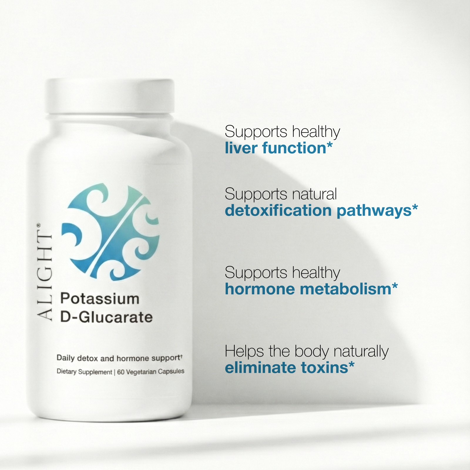 Potassium D-Glucarate by Alight supplement bottle with text about health benefits 