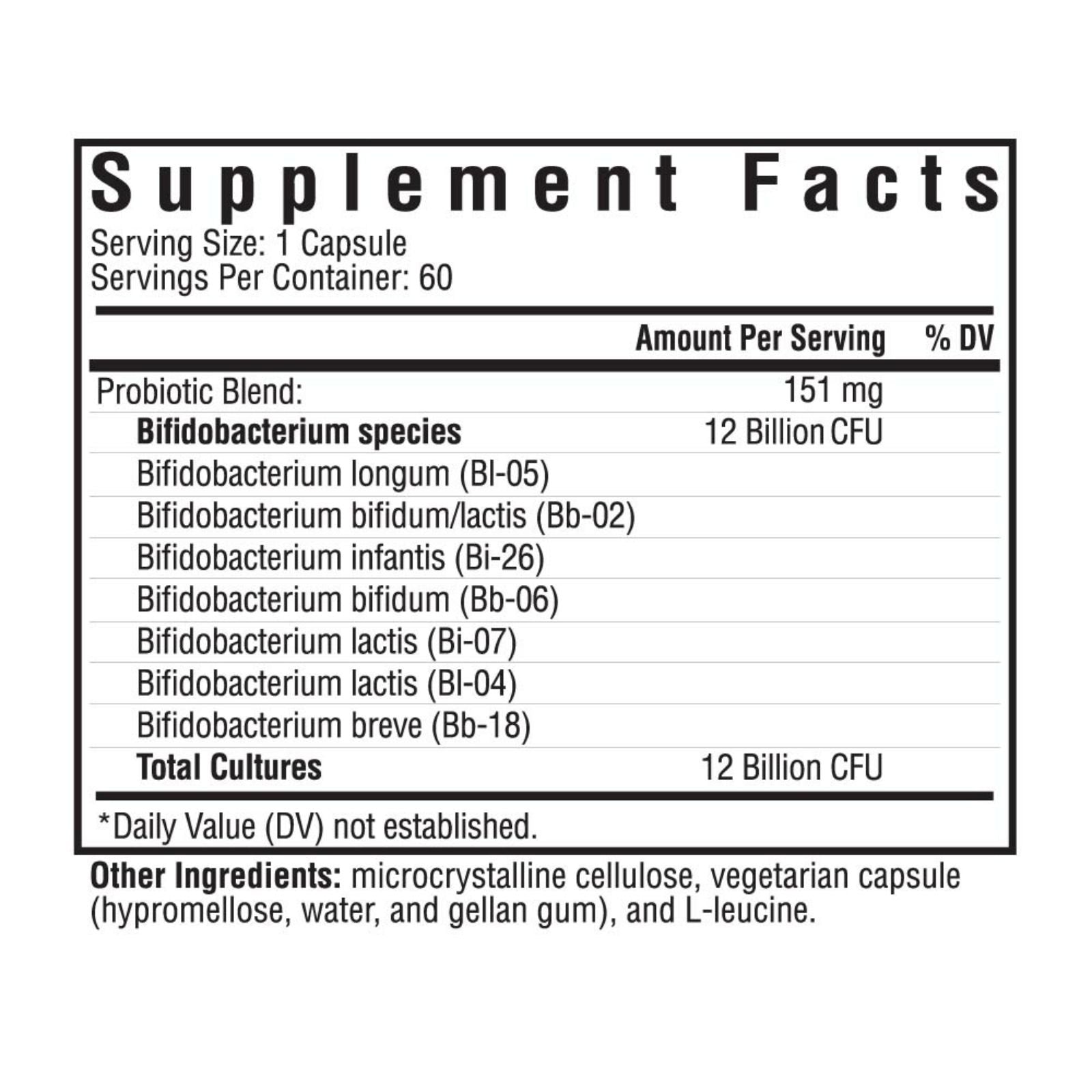 Supplement facts label for a probiotic product on a white background
