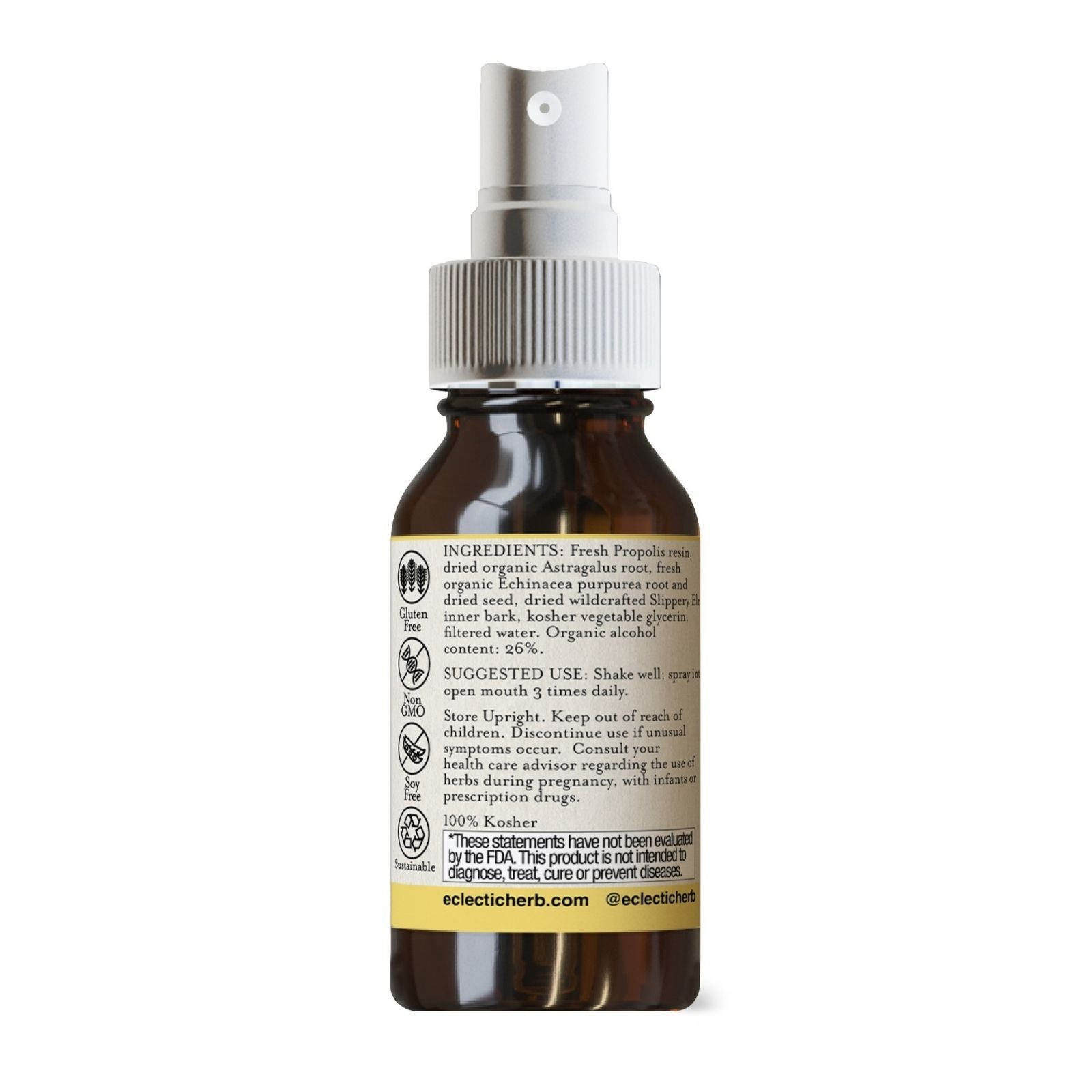 Brown glass bottle with spray top and label on a white background