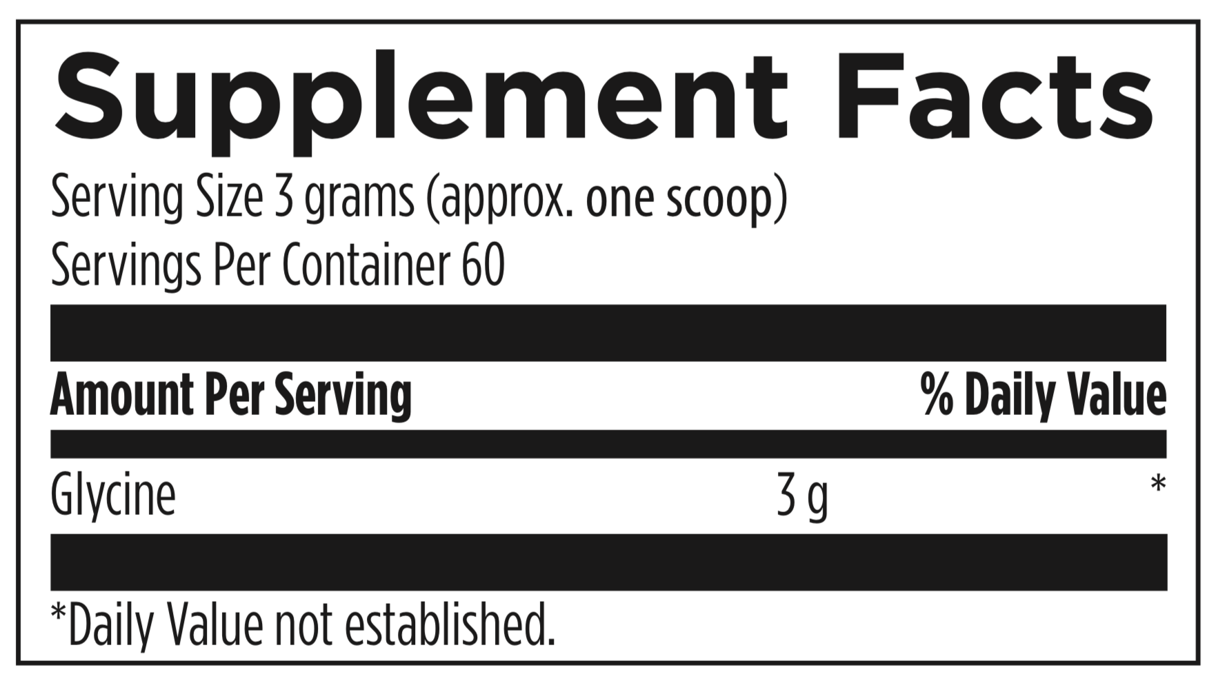 Supplement facts label for glycine with serving size and container information.