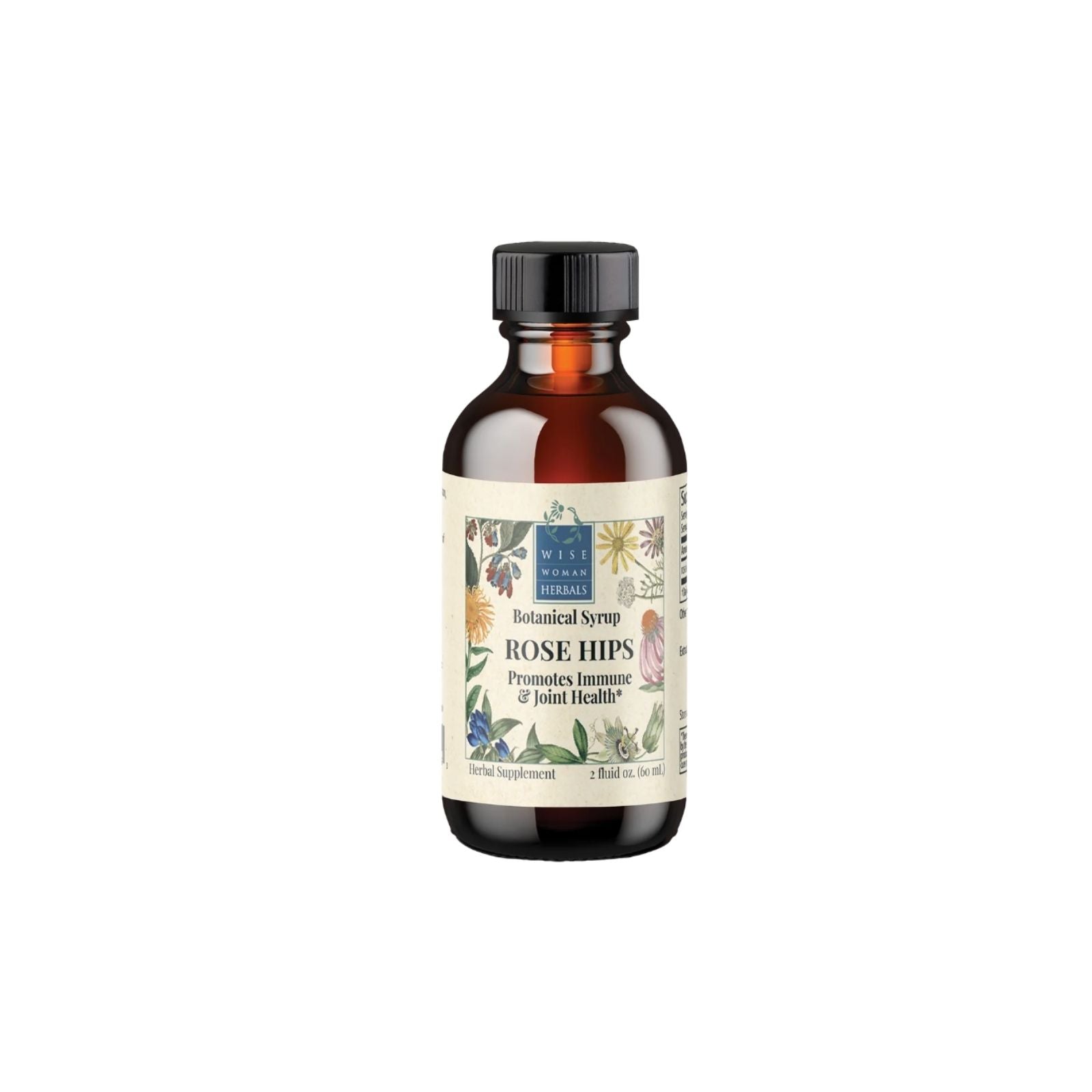 Bottle of Wise Woman Herbs Rose Hips Botanical Syrup on a white background