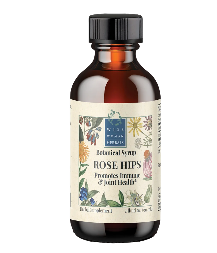 Bottle of Wise Woman Herbs Rose Hips Botanical Syrup on a white background