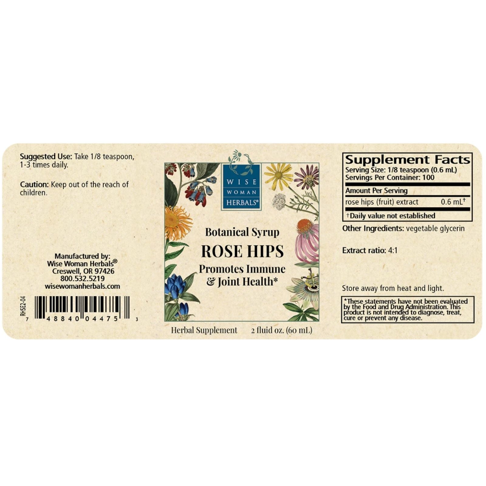 Label of Wise Woman Herbs Botanical Syrup with botanical illustrations and supplement facts.