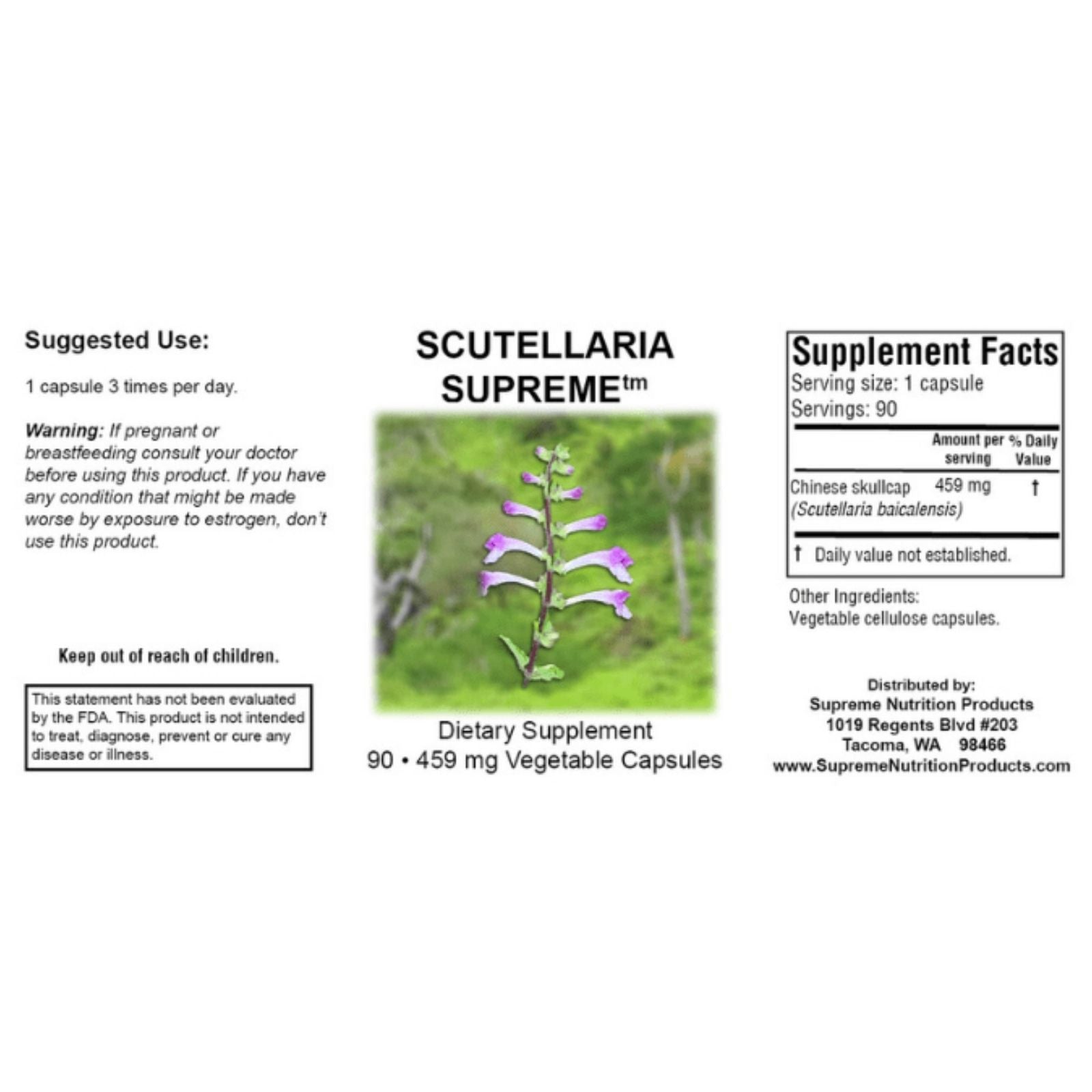 Supplement label for Scutellaria Supreme with a picture of the plant on a green background