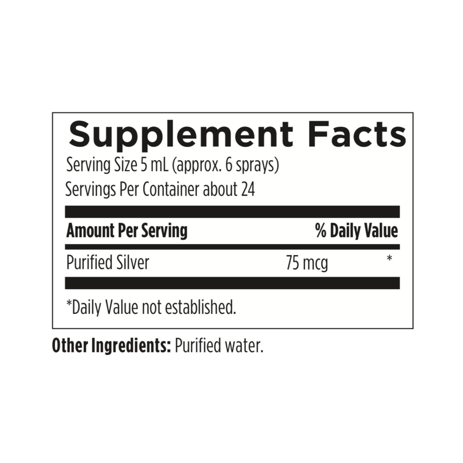 Supplement facts label with purified silver content on a white background