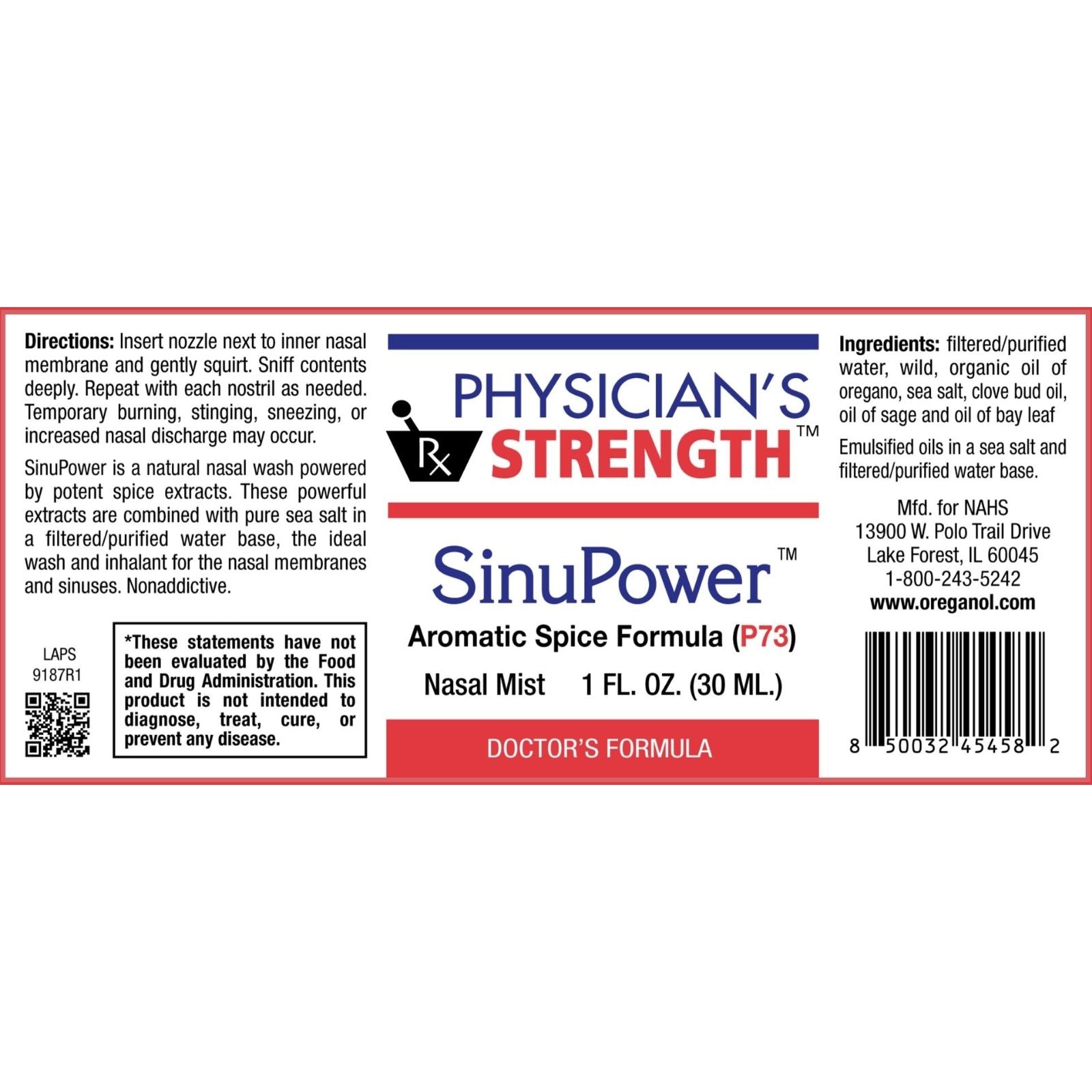 SinuPower nasal mist label with 'Physician's Strength' branding and product details.