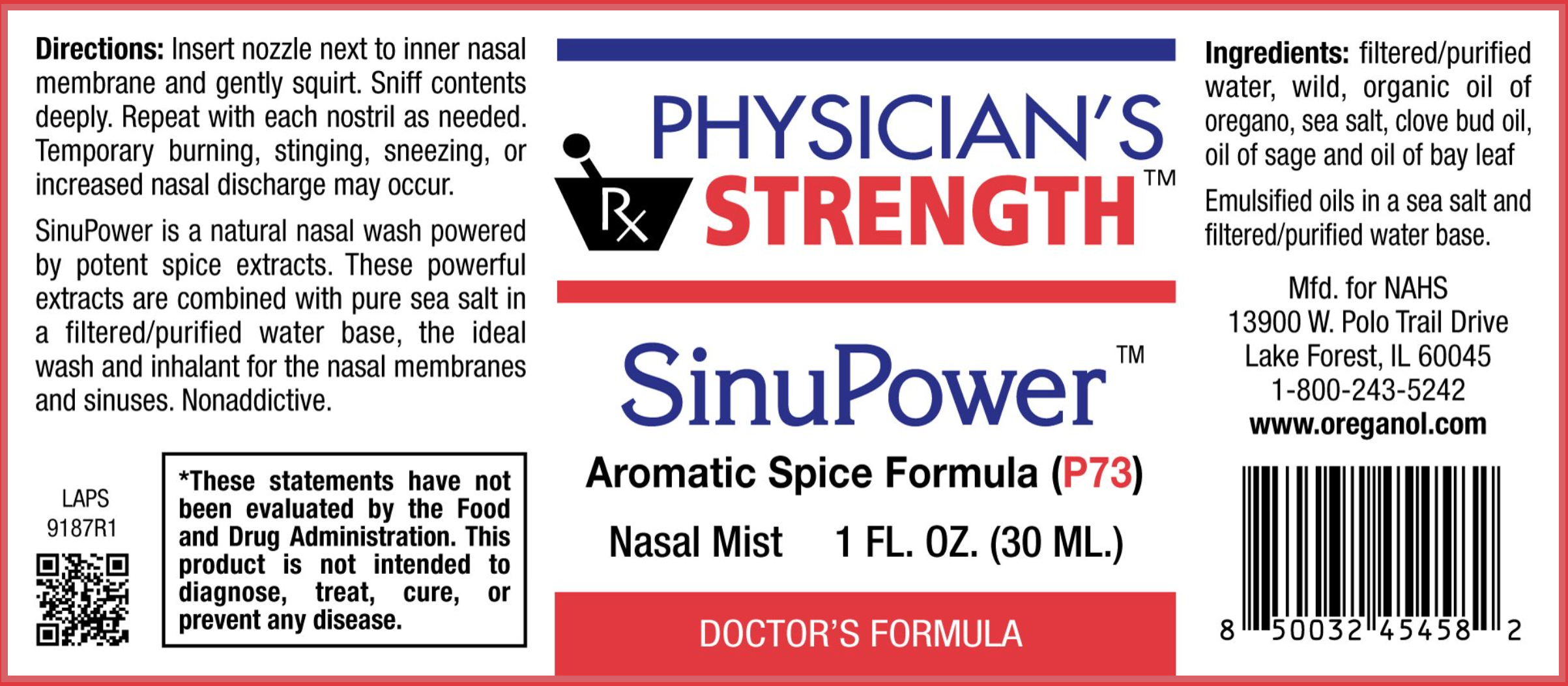 SinuPower nasal mist label with 'Physician's Strength' branding and product details.