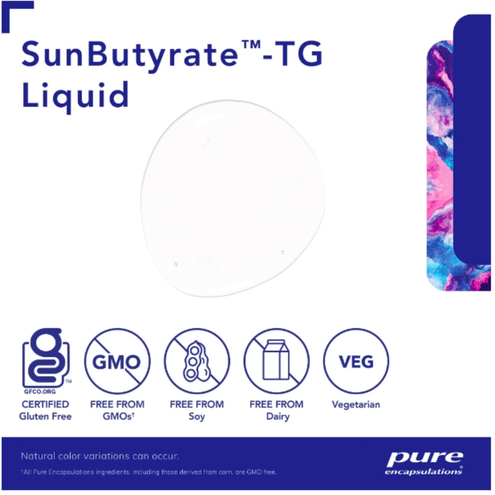 SunButyrate-TG Liquid packaging with certification logos and 'pure encapsulations' branding.
