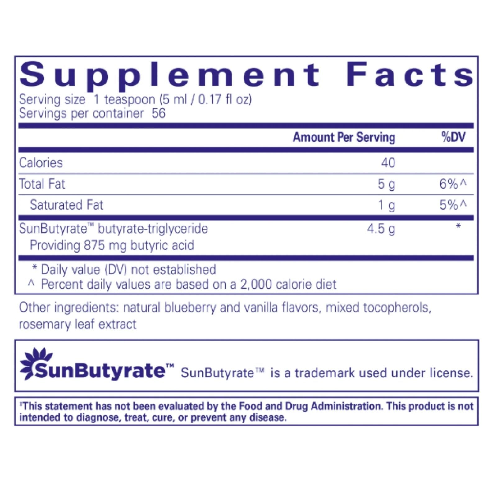 Supplement facts label for a product containing SunButyrate