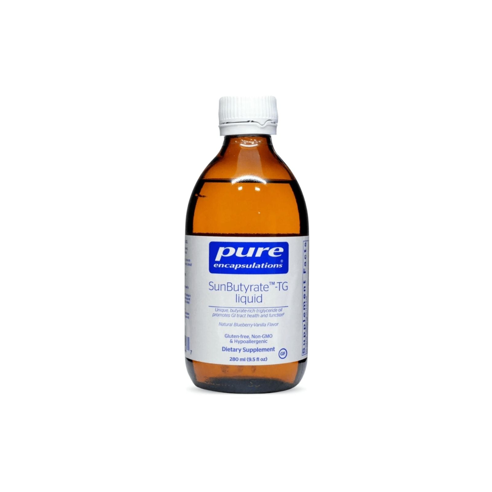 Bottle of pure encapsulations SunButyrate-TG liquid on a white background