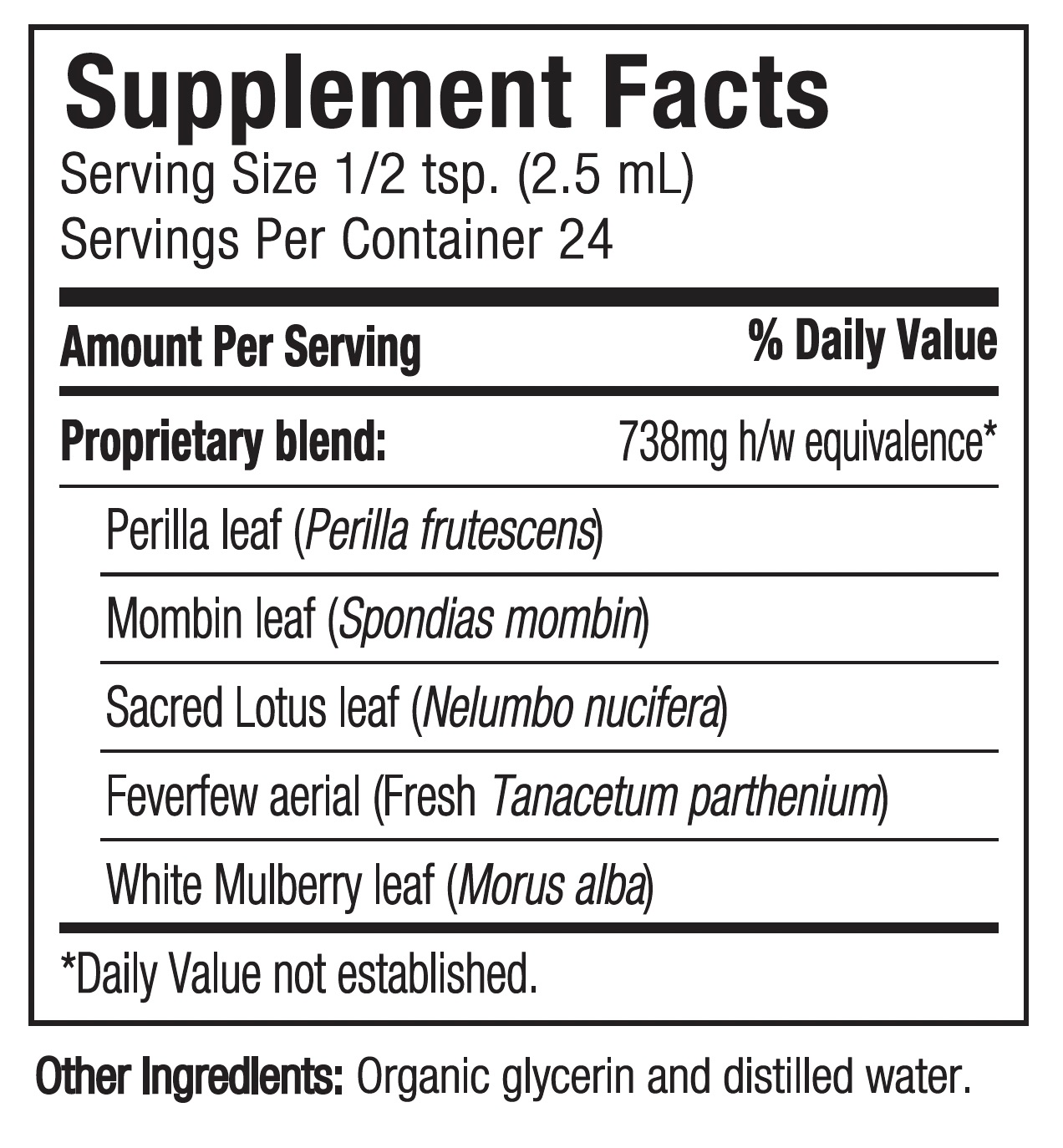 Supplement facts label with herbal ingredients and serving size details.
