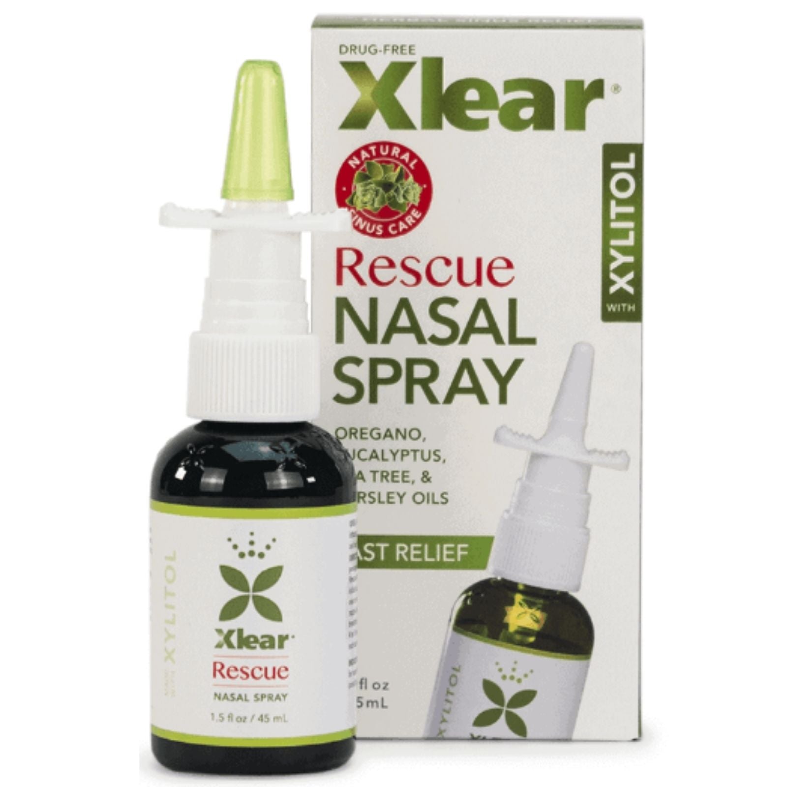 Xlear Rescue Nasal Spray bottle and packaging on a white background