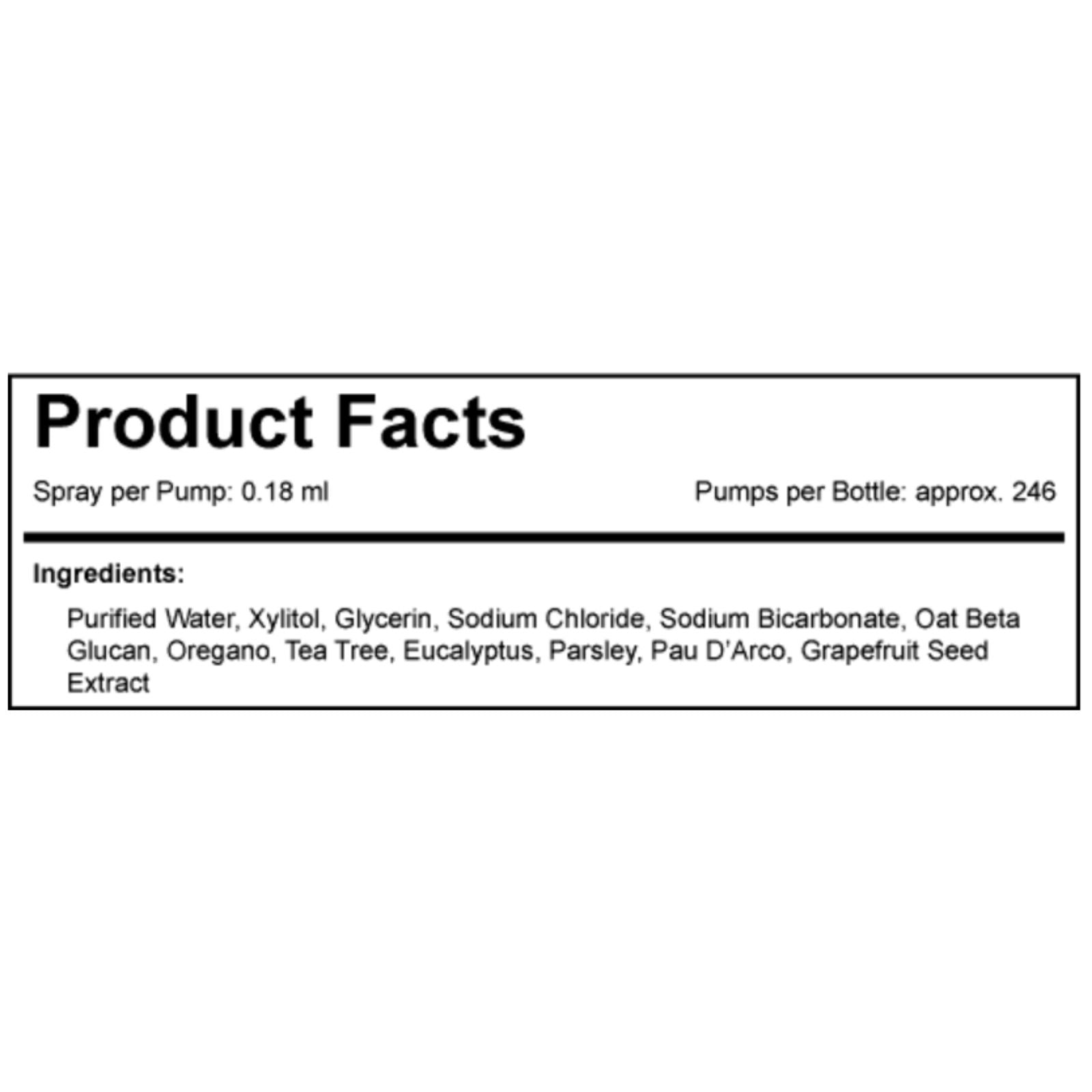Product facts label with spray per pump and ingredient list on a black background