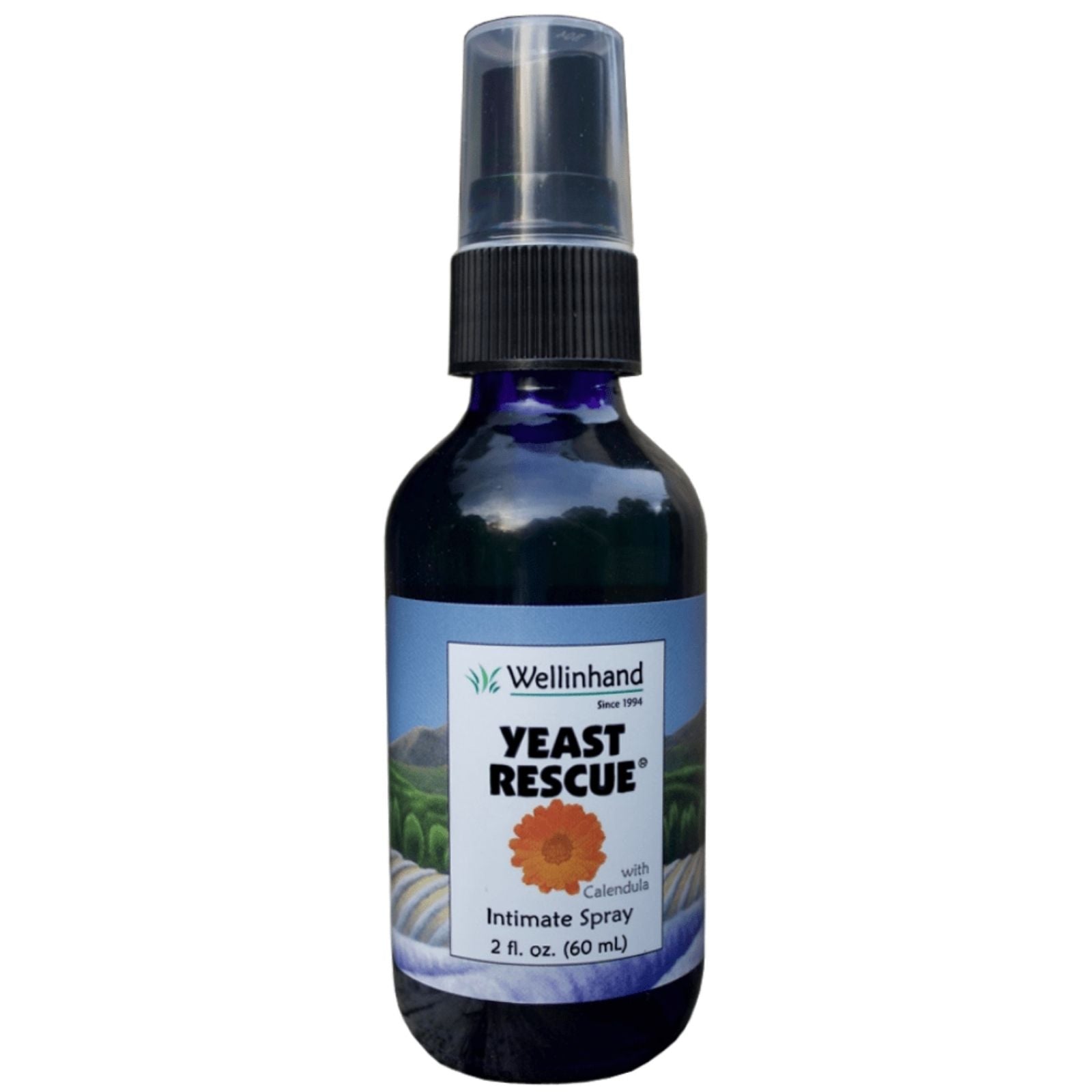 A spray bottle labeled Yeast Rescue, Intimate Spray, with a black spray nozzle, against a white background.