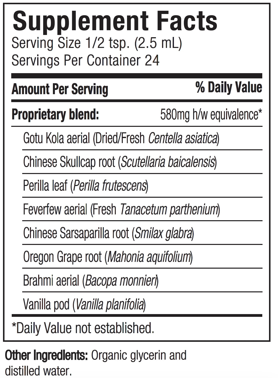 Supplement facts label with ingredients listed on a white background