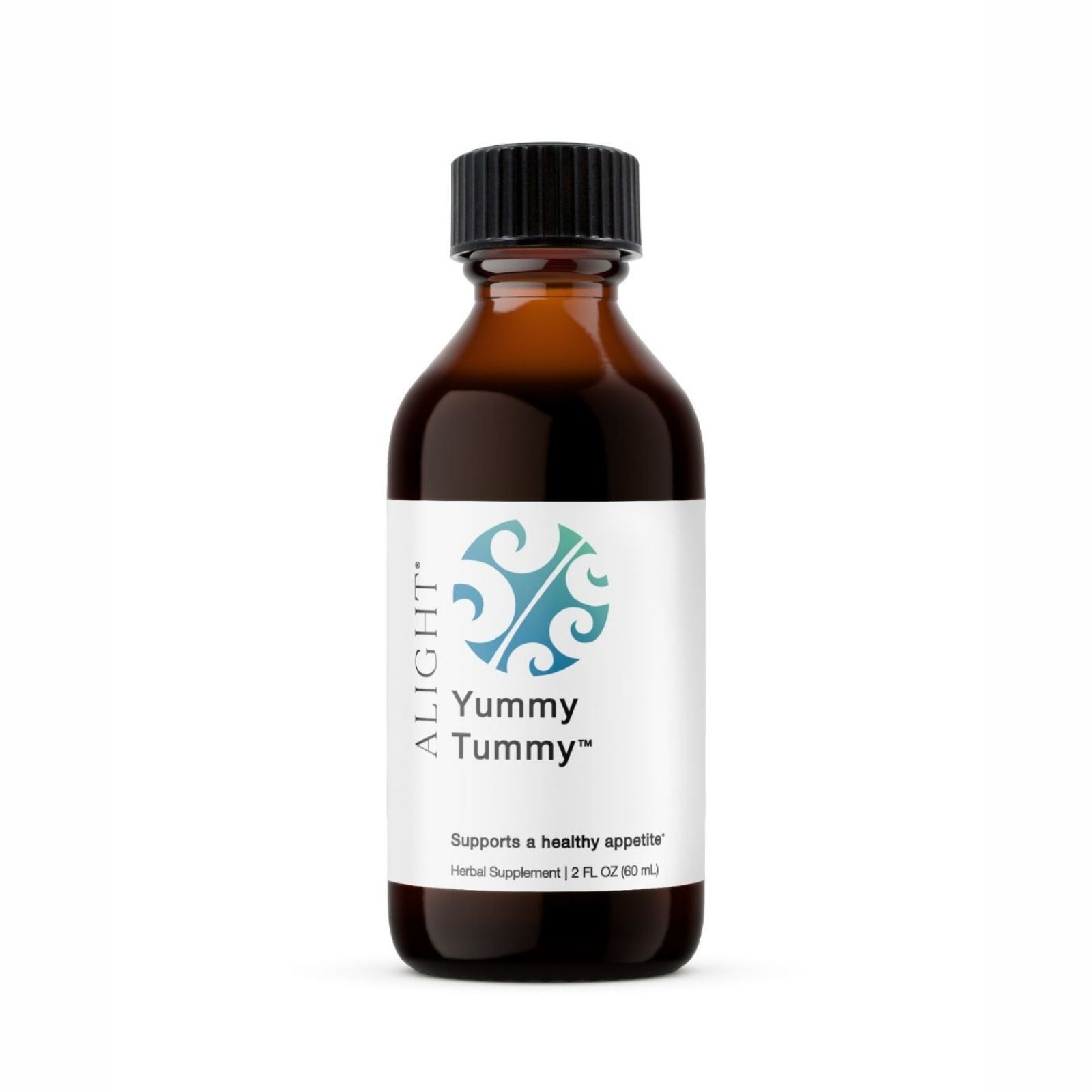 Bottle of 'Yummy Tummy' herbal supplement with a black cap on a white background