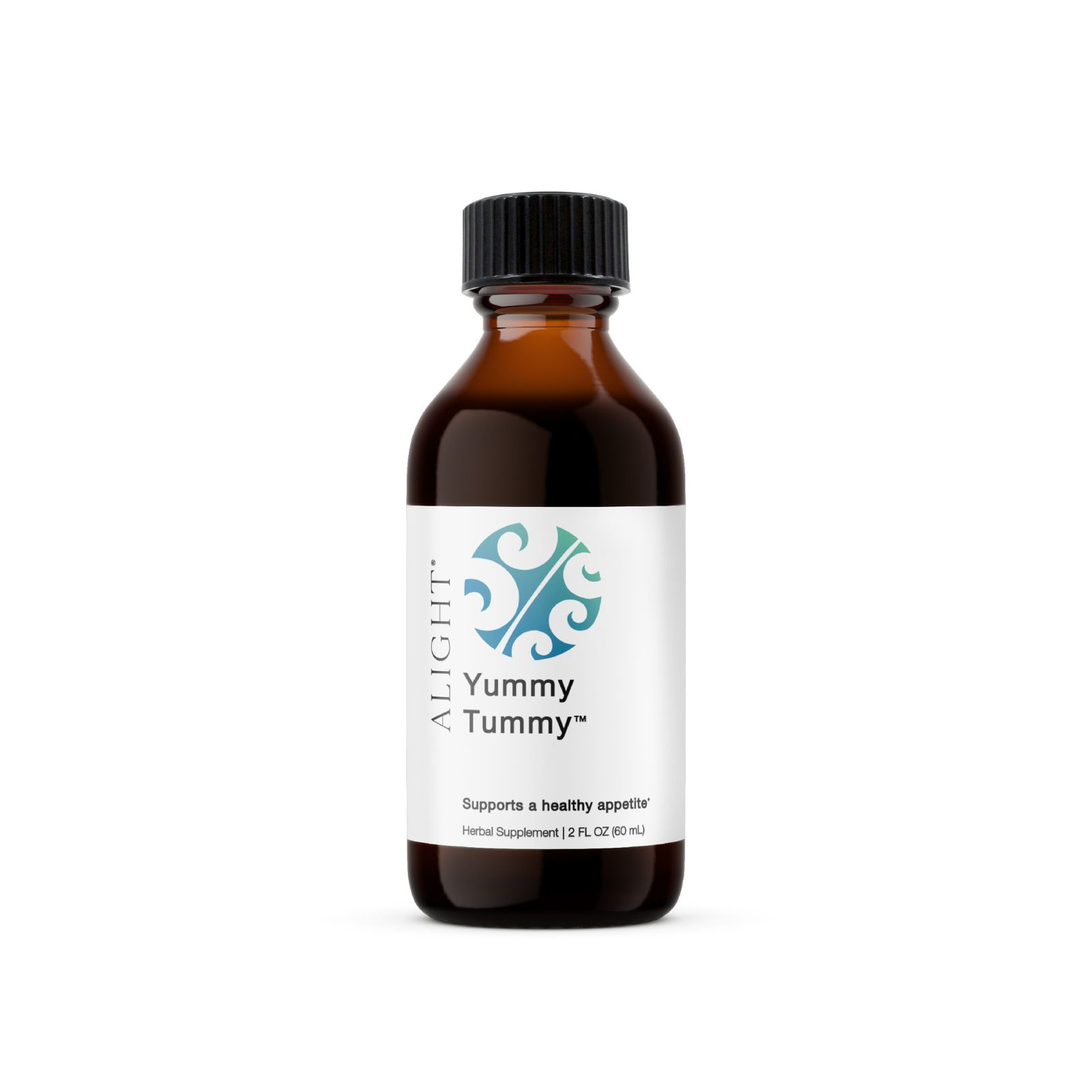 Bottle of 'Yummy Tummy' herbal supplement with a black cap on a white background
