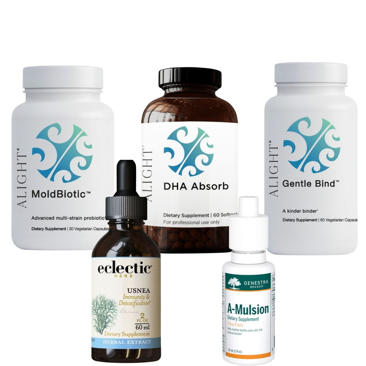 Collection of various supplement bottles on a white background