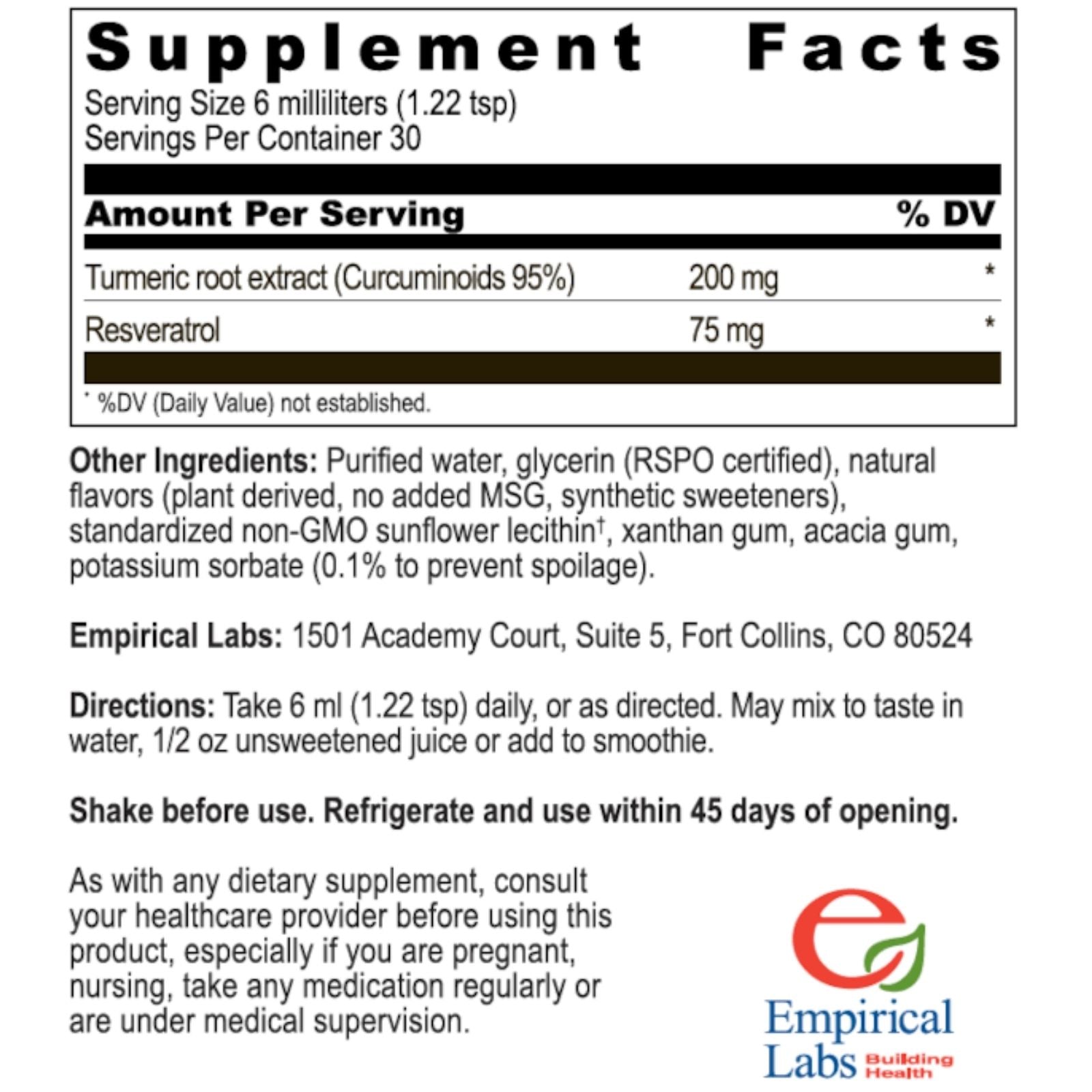 Supplement facts label for a product containing turmeric root extract and resveratrol, with Empirical Labs branding.