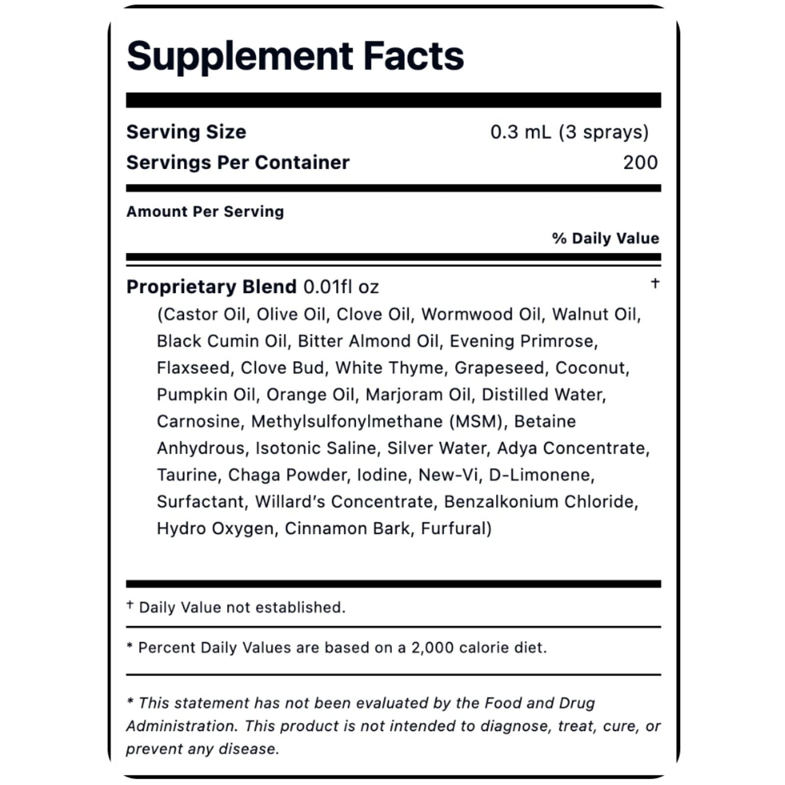 Supplement facts label with a list of ingredients and directions for use.